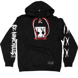 ICE NINE KILLS 'SILENCE' laced pullover hockey hoodie in black with red and white hockey laces front view