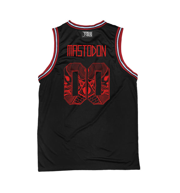 MASTODON 'BONETHROWER' sleeveless basketball jersey in black, red, and white back view