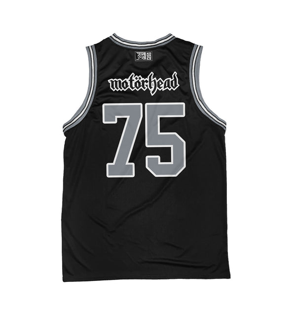 Motorhead 'Ace of Spades' sleeveless basketball jersey in black, grey, and white back view