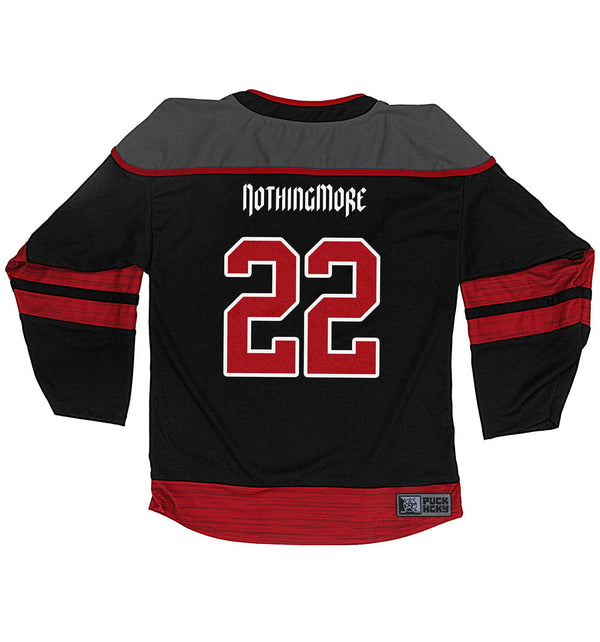 NOTHING MORE 'Deja Vu' hockey jersey in black, charcoal grey, and white back view