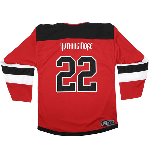NOTHING MORE 'VALHALLA' deluxe hockey jersey in red, black, and white back view