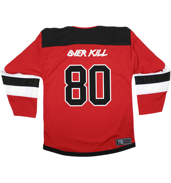 OVERKILL 'DEVIL BY THE TAIL' hockey jersey in red, black, and white back view