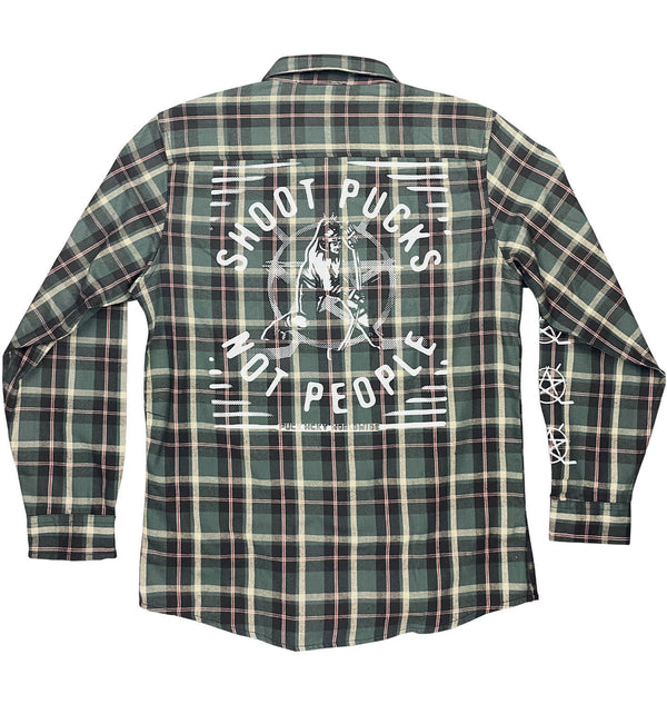 PUCK HCKY 'BIG SKATE' lightweight hockey flannel in grey and ecru plaid back view