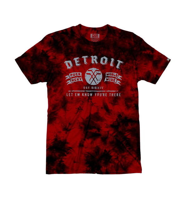 PUCK HCKY 'DETROIT CITY' short sleeve hockey t-shirt in red and black tie-dye