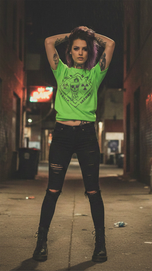 PUCK HCKY 'EQUIPMENT HAZMAT' short sleeve hockey t-shirt in electric green on model