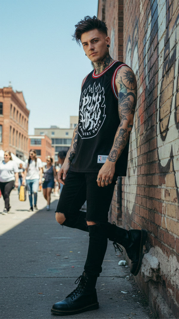 PUCK HCKY 'LAMP LIGHTERS UNION' sleeveless basketball jersey in black, red, and white on model