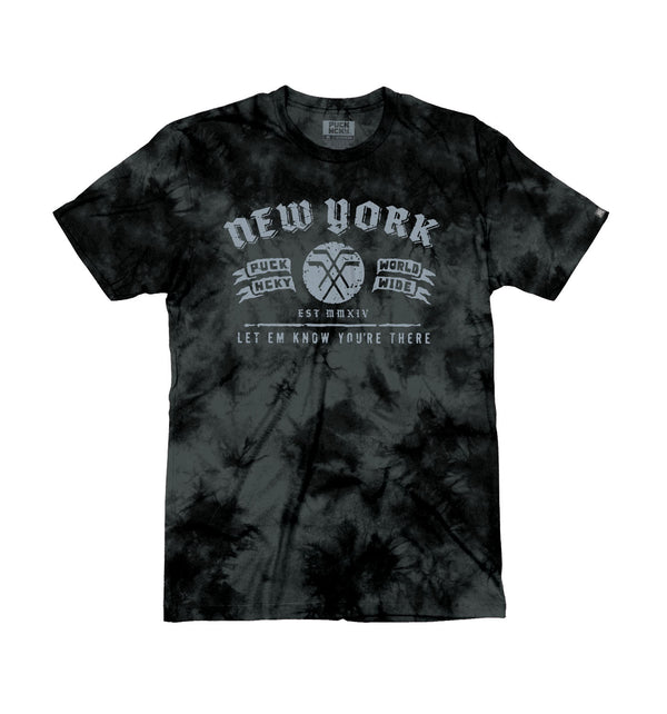 PUCK HCKY 'NEW YORK CITY' short sleeve hockey t-shirt in black tie-dye
