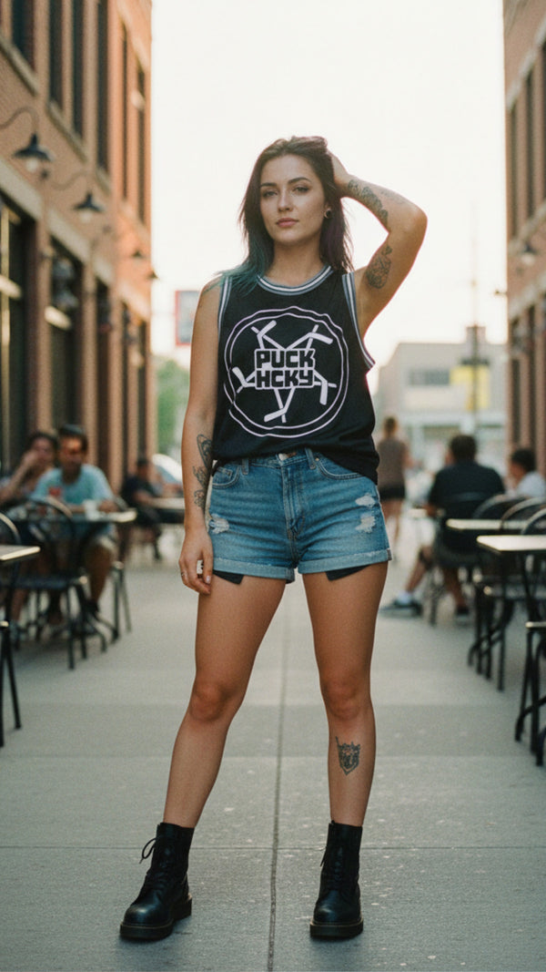 PUCK HCKY 'PENTASTICK' sleeveless basketball jersey in black, grey, and white on model