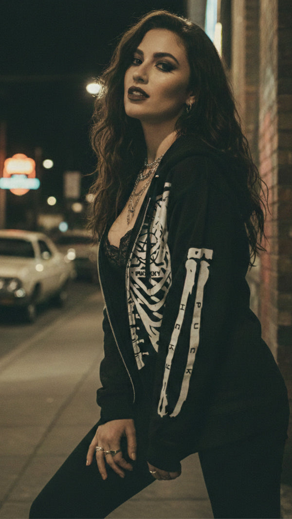 PUCK HCKY 'RIB CAGE' full zip hockey hoodie in black on model