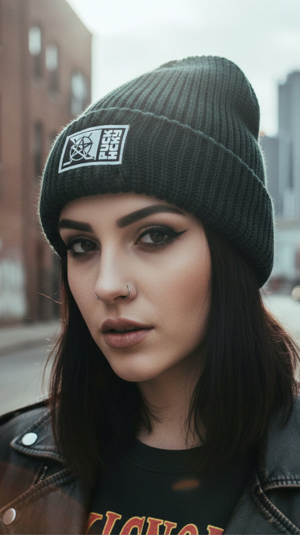 PUCK HCKY ‘SLICED N’ STACKED’ chunky cuffed hockey beanie in black on model