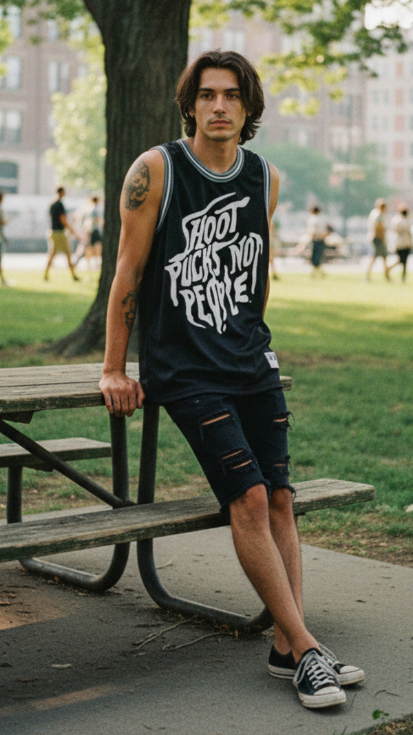 PUCK HCKY 'SHOOT PUCKS NOT PEOPLE - DRIPPY SCRIPT' sleeveless basketball jersey in black, grey, and white on model
