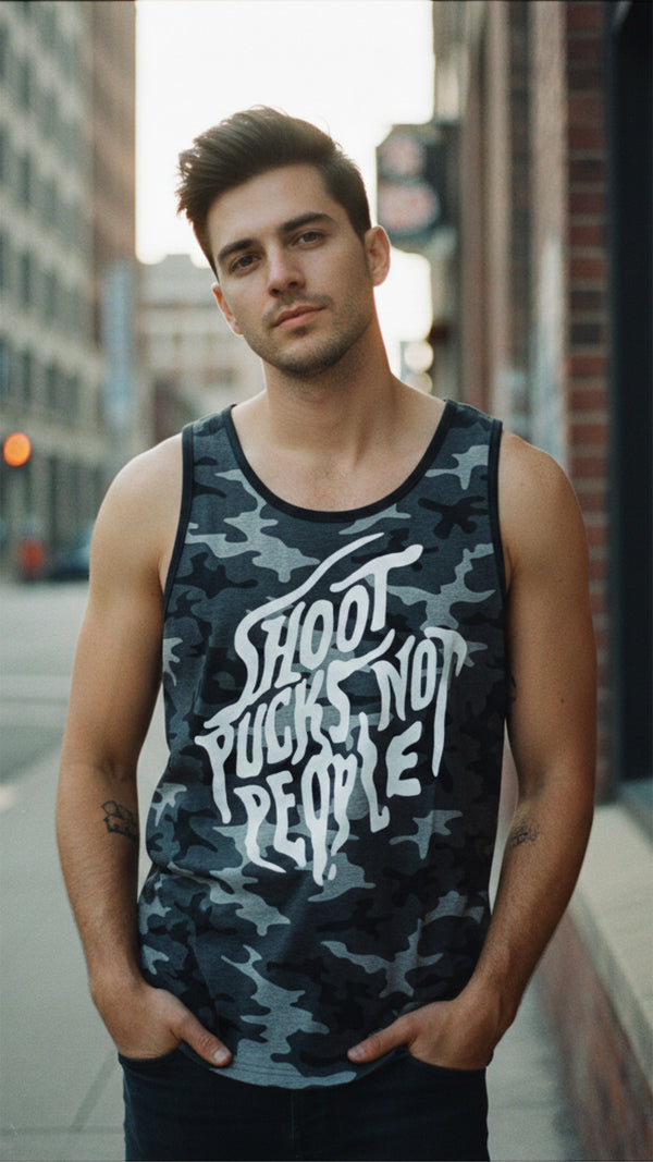 PUCK HCKY 'SHOOT PUCKS NOT PEOPLE - DRIPPY SCRIPT' hockey tank top in black camo with black trim on model