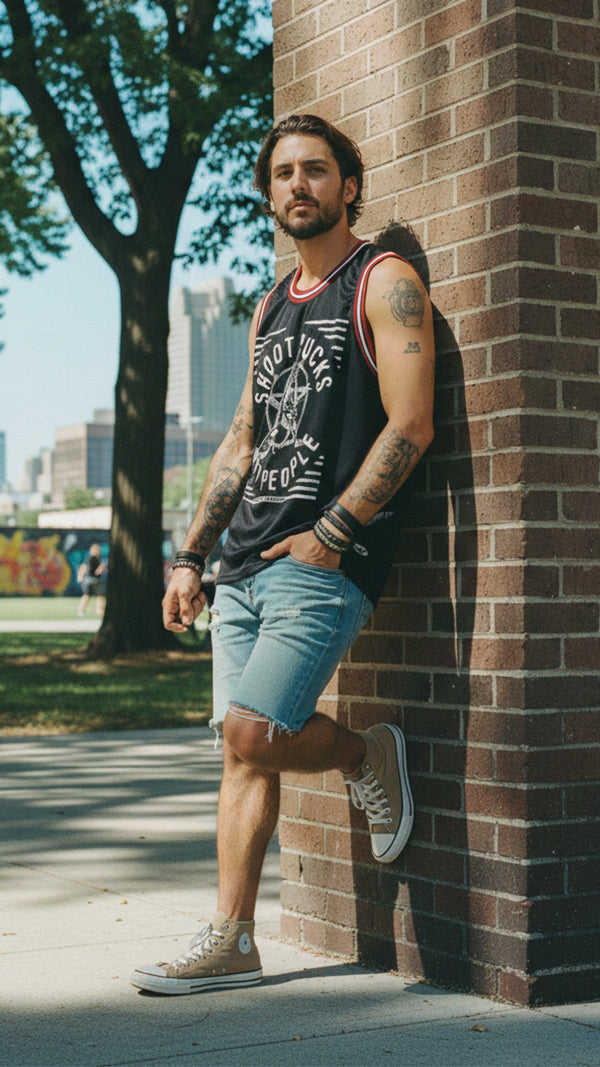 PUCK HCKY 'SHOOT PUCKS NOT PEOPLE - THE BIG SKATE' sleeveless basketball jersey in black, red, and white on model