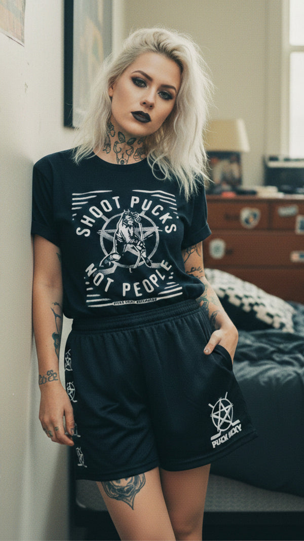 PUCK HCKY 'SHOOT PUCKS NOT PEOPLE - THE BIG SKATE' women's short sleeve hockey t-shirt in black on model