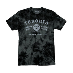 PUCK HCKY 'TORONTO' short sleeve hockey t-shirt in black and grey tie-dye front view