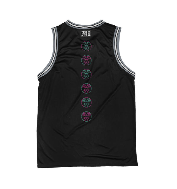 PUCK HCKY 'VAPORWAVE' sleeveless basketball jersey in black, grey, and white back view