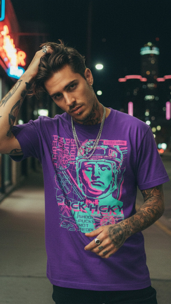 PUCK HCKY 'VAPORWAVE' short sleeve hockey t-shirt in purple on model
