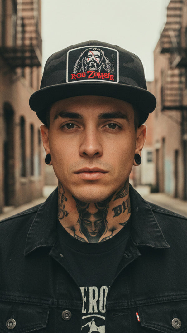 ROB ZOMBIE 'THUNDER FISTS 65' snapback hockey cap in black camo front view on model