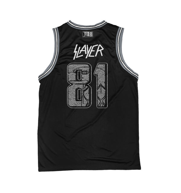 SLAYER 'FIGHT TILL DEATH' sleeveless basketball jersey in black, grey, and white back view