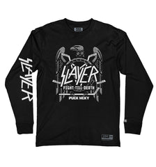 SLAYER 'FIGHT TO THE DEATH' long sleeve hockey t-shirt in black front view