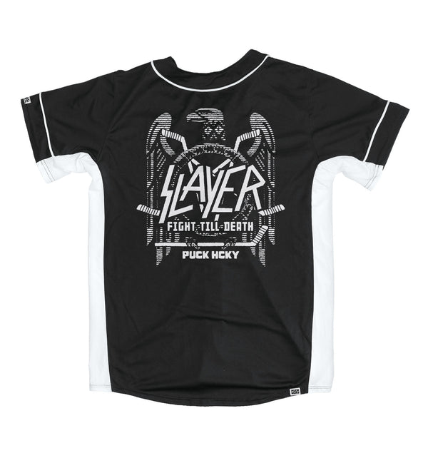 SLAYER 'FIGHT TILL DEATH' short sleeve baseball jersey in black and white back view