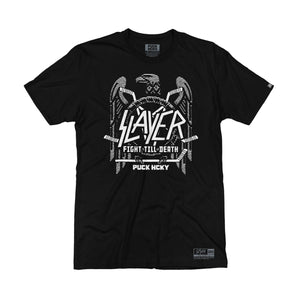 SLAYER 'FIGHT TO THE DEATH' short sleeve hockey t-shirt in black front view