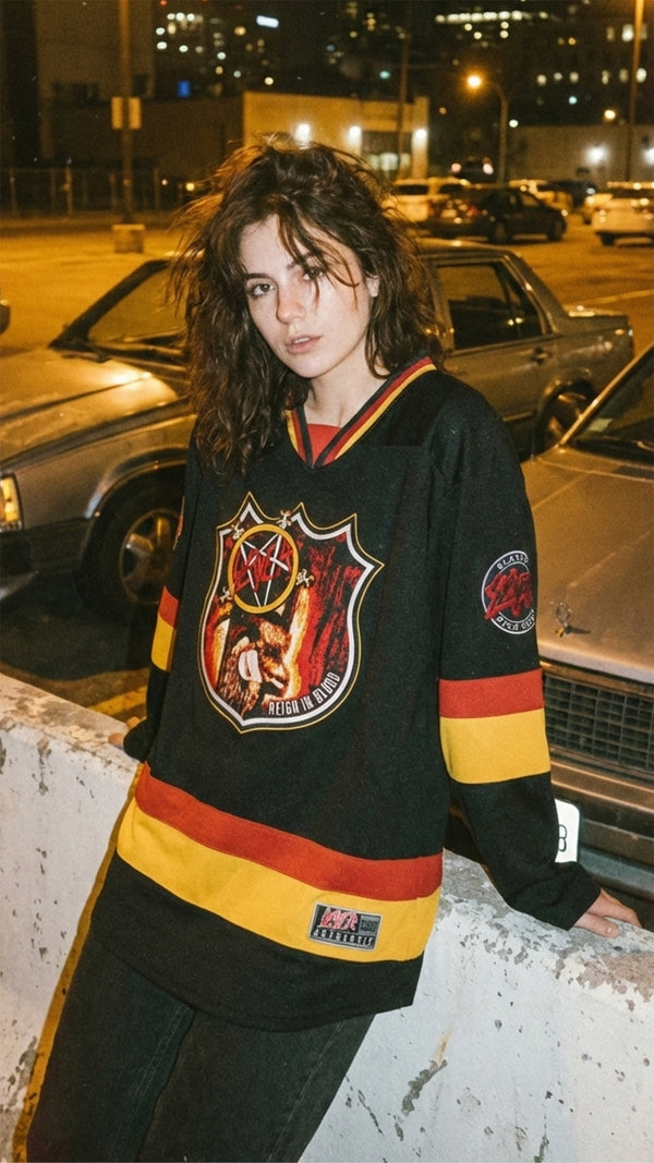 SLAYER 'REIGN IN BLOOD' hockey jersey in black, red, and gold on model
