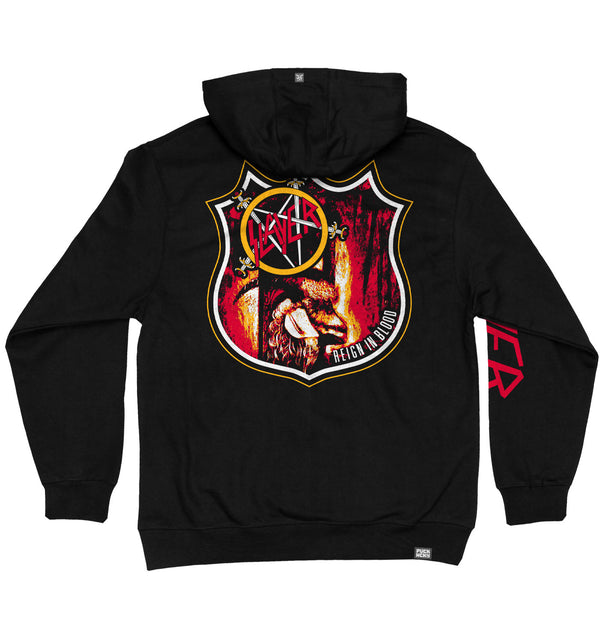 SLAYER 'REIGN IN BLOOD'&nbsp; laced pullover hockey hoodie in black with red and gold striped laces back view