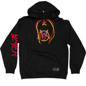 SLAYER 'REIGN IN BLOOD'  laced pullover hockey hoodie in black with red and gold striped laces front view