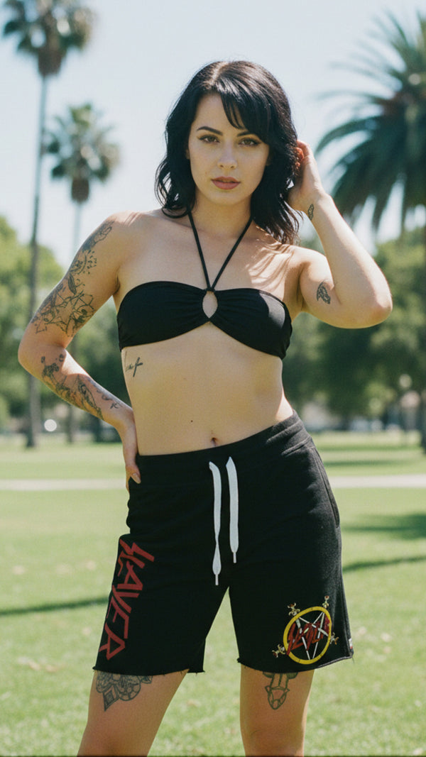 SLAYER 'REIGN IN BLOOD' fleece hockey shorts in black on model