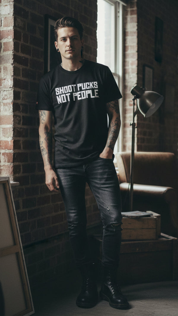 PUCK HCKY 'Shoot Pucks Not People - Stacked' Hockey T-Shirt