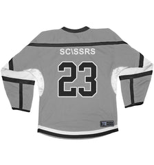 TAPROOT 'SCSSRS' deluxe hockey jersey in grey, black, and white back view