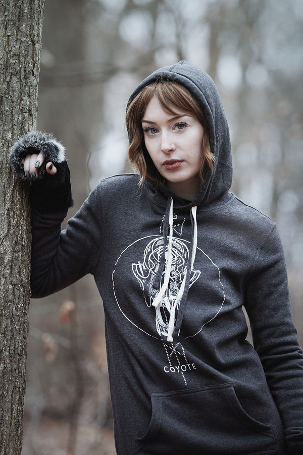 TOTEM 'Coyote' women's pullover hooded sweatshirt dress in grey on model