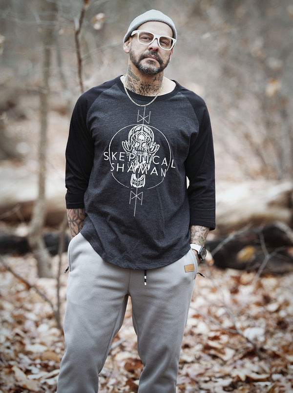 TOTEM 'Skeptical Shaman' raglan in graphite heather with black sleeves on model