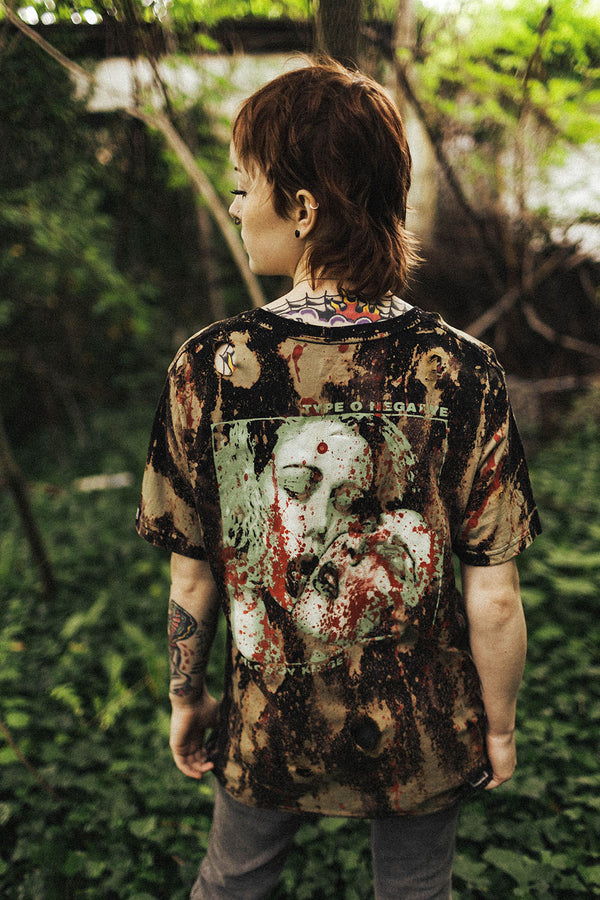 TYPE O NEGATIVE 'BLOODY KISSES - BLOOD AND FIRE' limited edition short sleeve tie-dye hockey t-shirt back view on model