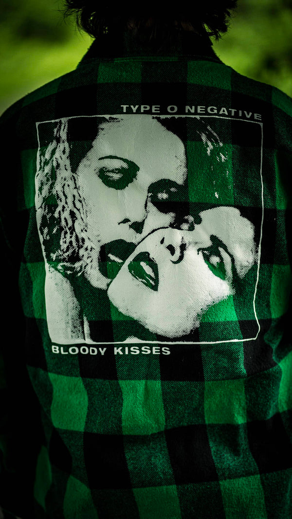 TYPE O NEGATIVE 'BLOODY KISSES' hockey flannel in green plaid back view on model