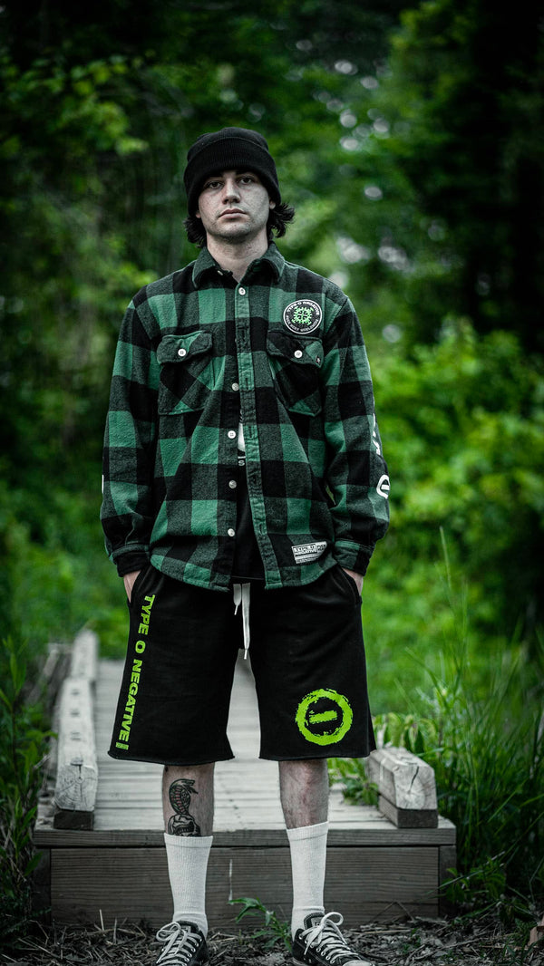 TYPE O NEGATIVE 'BLOODY KISSES' hockey flannel in green plaid front view on model