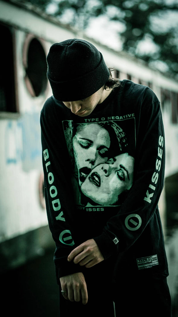 TYPE O NEGATIVE 'BLOODY KISSES' long sleeve hockey t-shirt in black front view on male model
