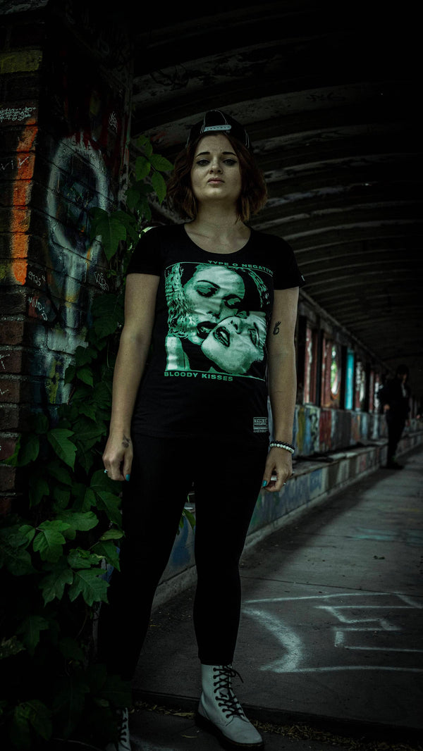 TYPE O NEGATIVE 'BLOODY KISSES' women's short sleeve hockey t-shirt in black front view on female model