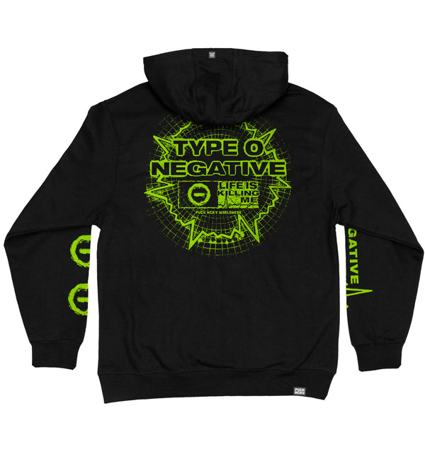 TYPE O NEGATIVE 'LIFE IS KILLING ME' laced pullover hockey hoodie in black with green and black striped laces back view
