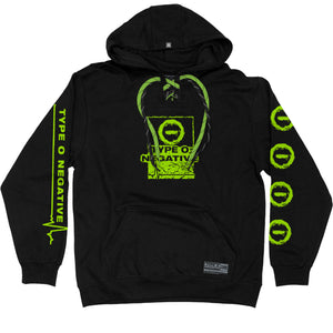 TYPE O NEGATIVE 'LIFE IS KILLING ME' laced pullover hockey hoodie in black with green and black striped laces front view