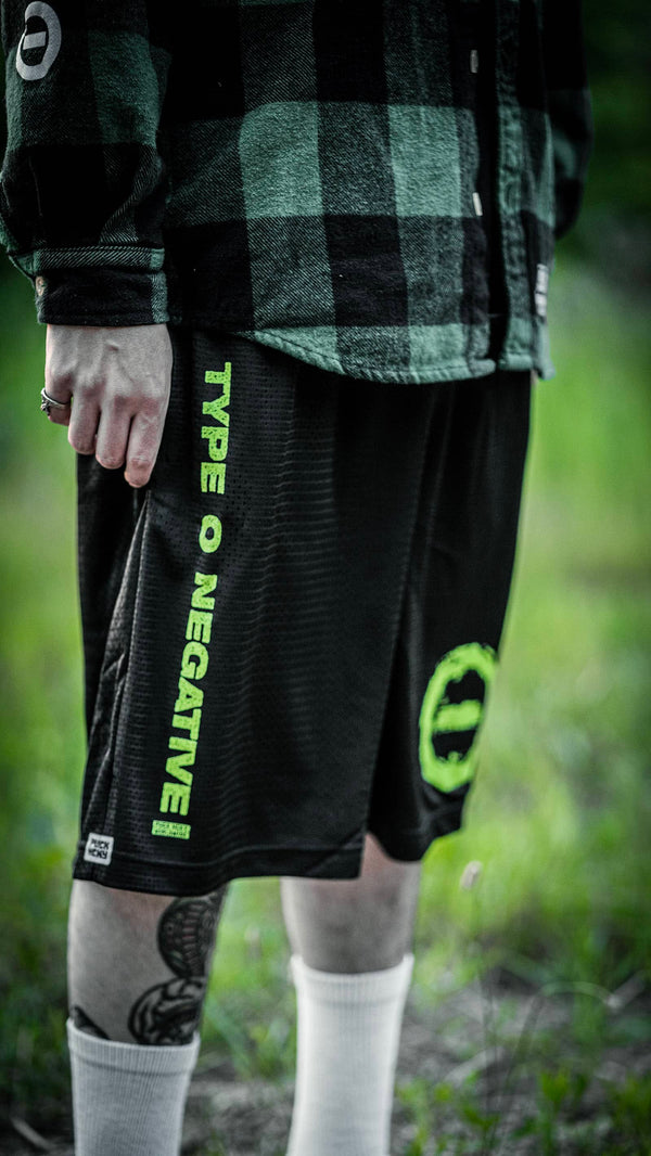 TYPE O NEGATIVE 'THORN' mesh hockey shorts in black front view on model