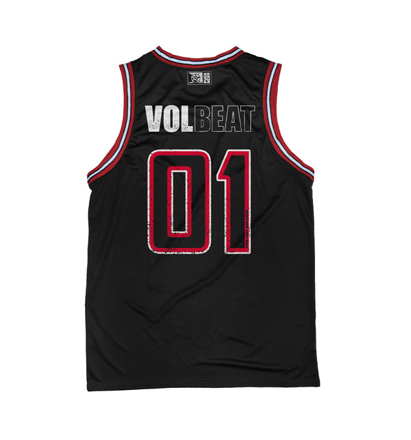 VOLBEAT 'THE CIRCLE' sleeveless basketball jersey in black, red, and white back view