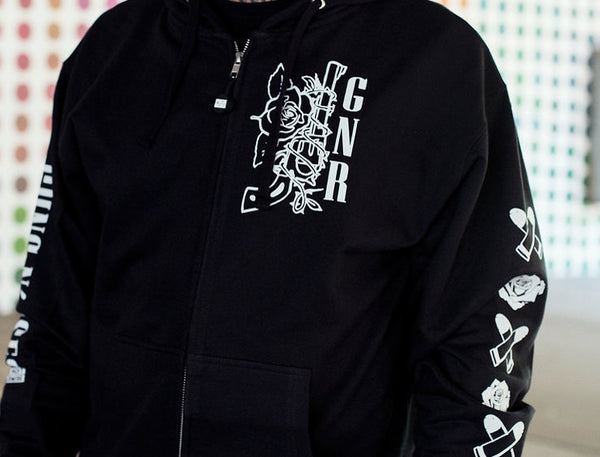 GUNS N' ROSES 'WORLDWIDE' full zip hockey hoodie in black front view on model