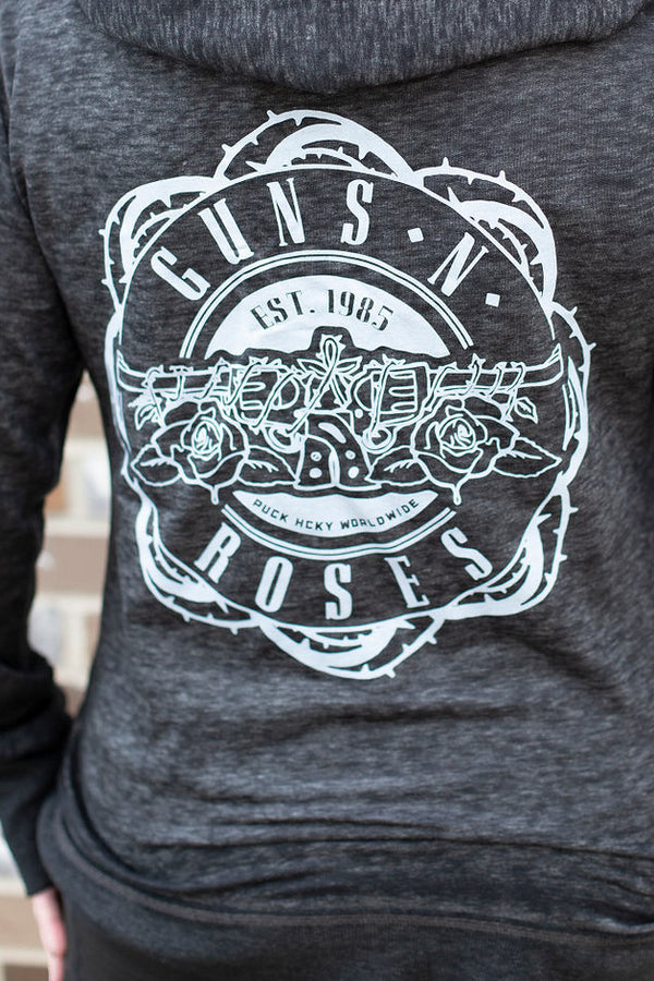 GUNS N' ROSES ‘WORLDWIDE’ women's full zip hockey hoodie in acid black back view on model