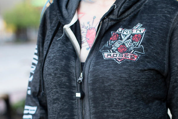 GUNS N' ROSES ‘THE KINGS’ women's full zip hockey hoodie in acid black front view on model