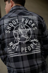 PUCK HCKY 'SHOOT PUCKS NOT PEOPLE - THE BIG SKATE' hockey flannel in grey and black plaid on model back view