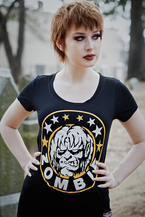 ROB ZOMBIE 'MARS NEEDS HCKY' women's short sleeve hockey t-shirt front view on model