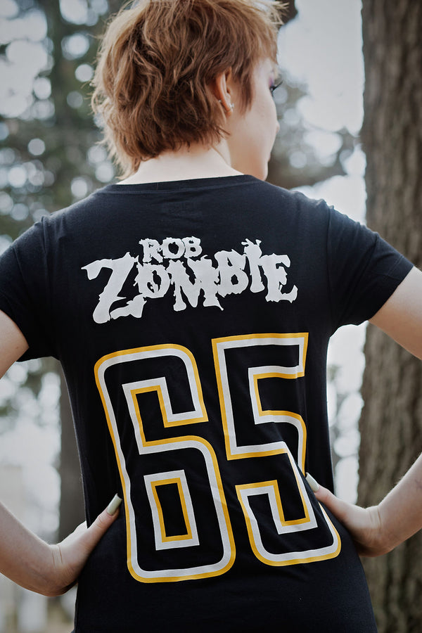 ROB ZOMBIE 'MARS NEEDS HCKY' women's short sleeve hockey t-shirt back view on model