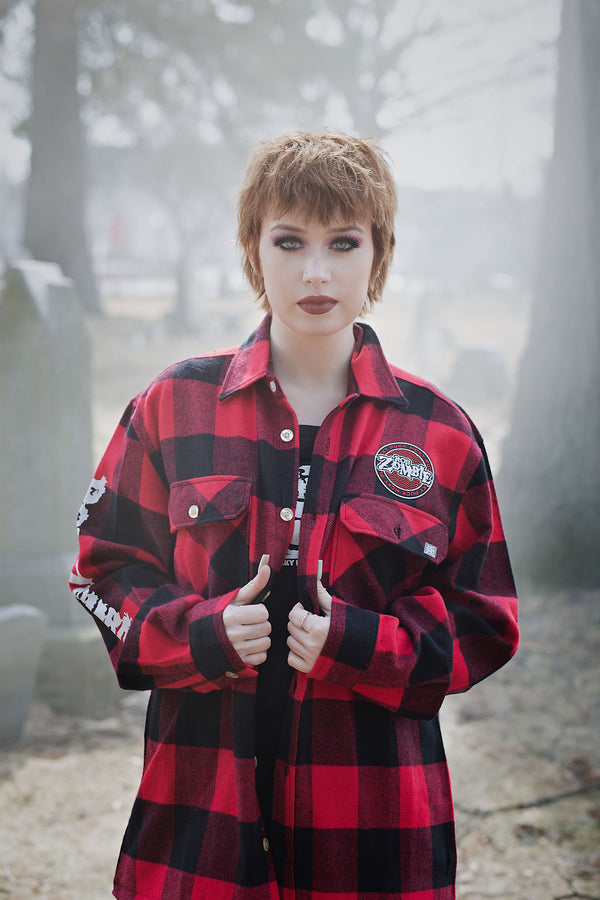 ROB ZOMBIE 'SKATERBEAST' hockey flannel in red plaid front view on model